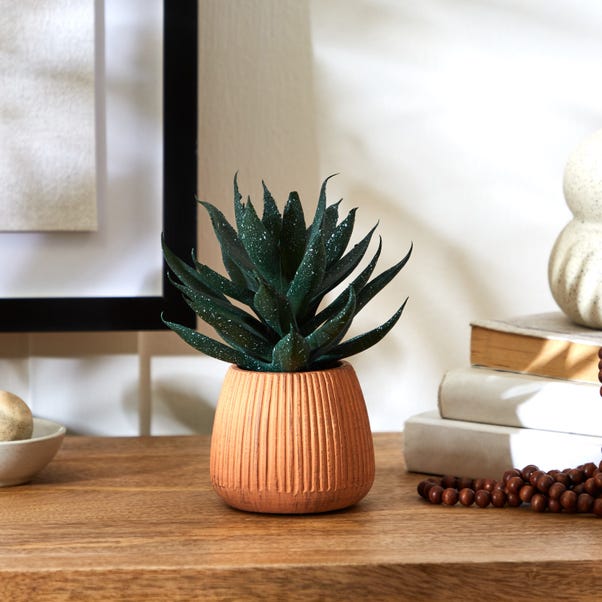 Artificial Cacti in Orange Ribbed Ceramic Plant Pot image 1 of 4