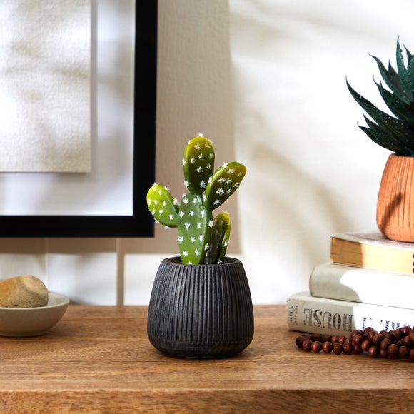 Artificial Cacti In Black Ribbed Ceramic Plant Pot