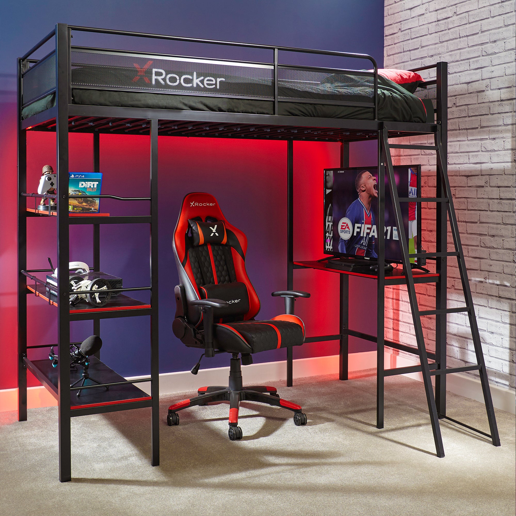 X Rocker Fortress Gaming High Sleeper Bunk Bed With Shelves Desk Black