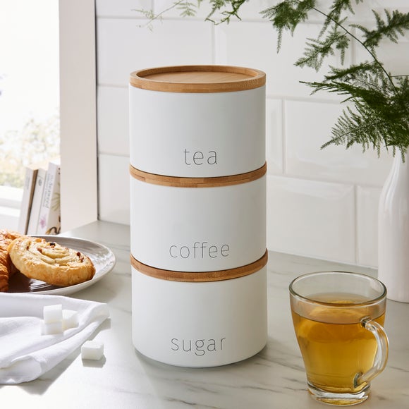White Stacking Tea Coffee and Sugar Set with Bamboo Lid + Labelled