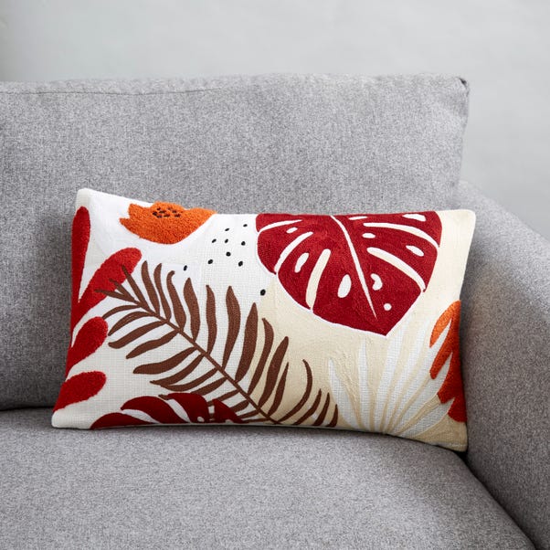 Embroidered Tropical Red Leaf Cushion image 1 of 5