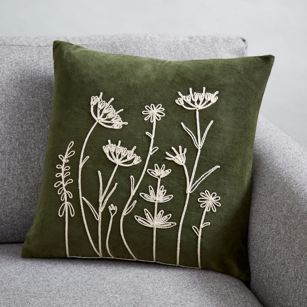 Velour Rope Embroidered Floral Cushion Olive