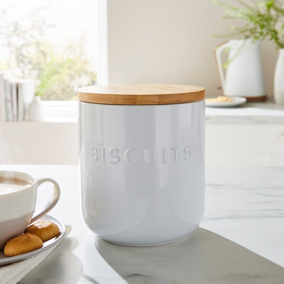 White Kitchen Storage Jar for Biscuits with Bamboo Lid