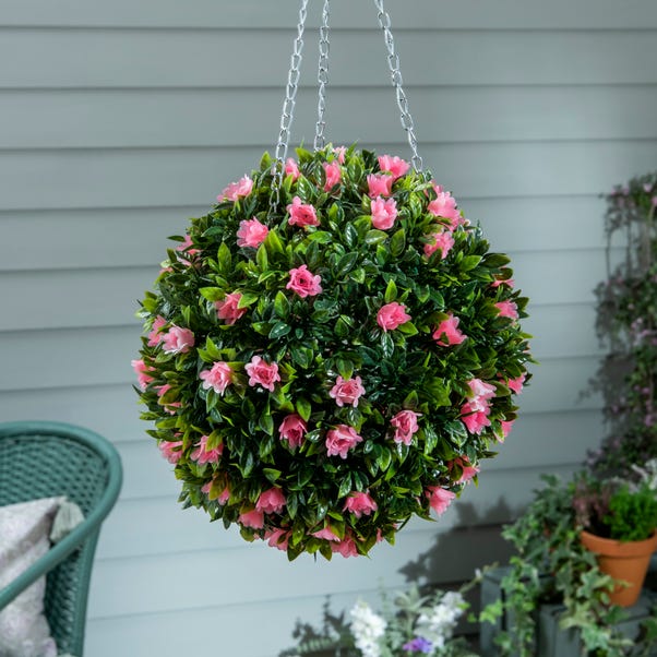 Hanging Pink Floral Topiary Ball 25cm Green