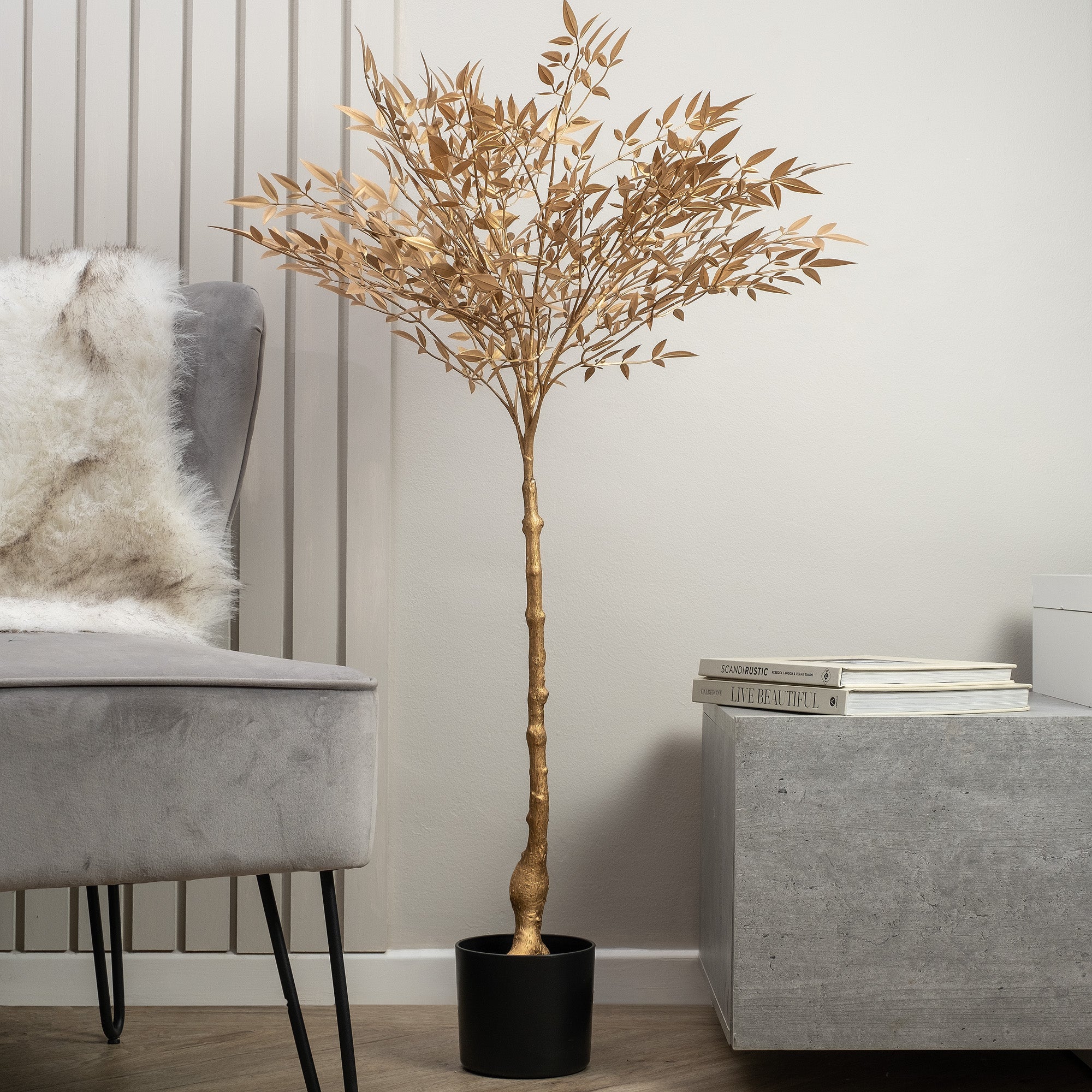 Artificial Gold Nandina Tree in Black Plant Pot