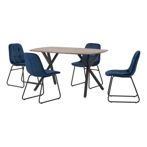 Athens Rectangular Oak Effect Dining Table with 4 Lukas Blue Dining Chairs