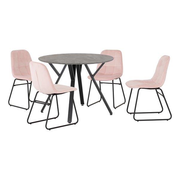 Athens Round Concrete Effect Dining Table with 4 Lukas Pink Dining Chairs