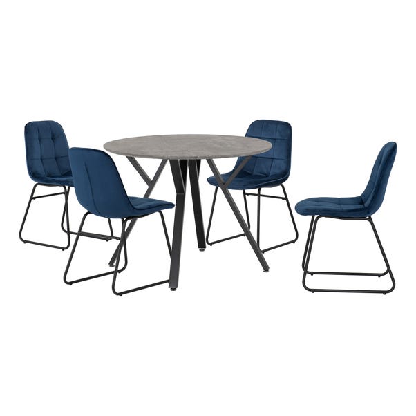 Athens Round Concrete Effect Dining Table with 4 Lukas Blue Dining Chairs