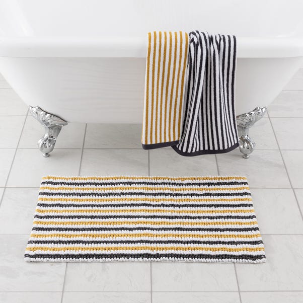 Mustard and Charcoal Stripe Bobble Bath Mat image 1 of 5