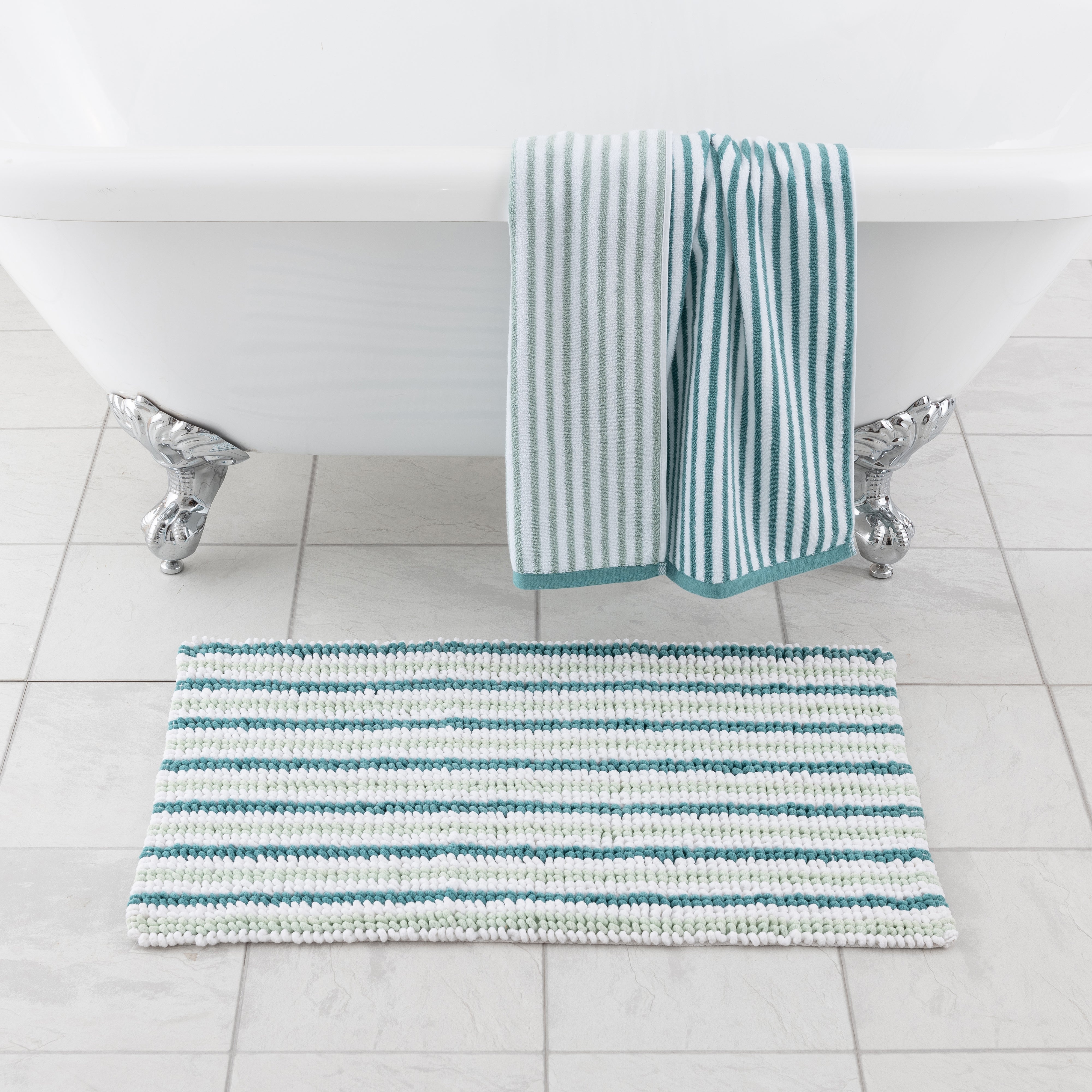 Aqua Stripes Bath Mat, Blue Bathroom Decor, Striped Bathroom Decor