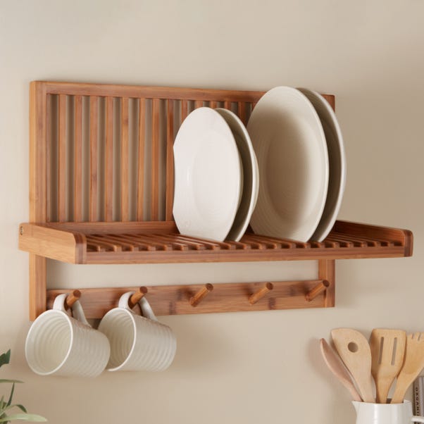 Bamboo Wall Mounted Plate Storage with Hooks image 1 of 4