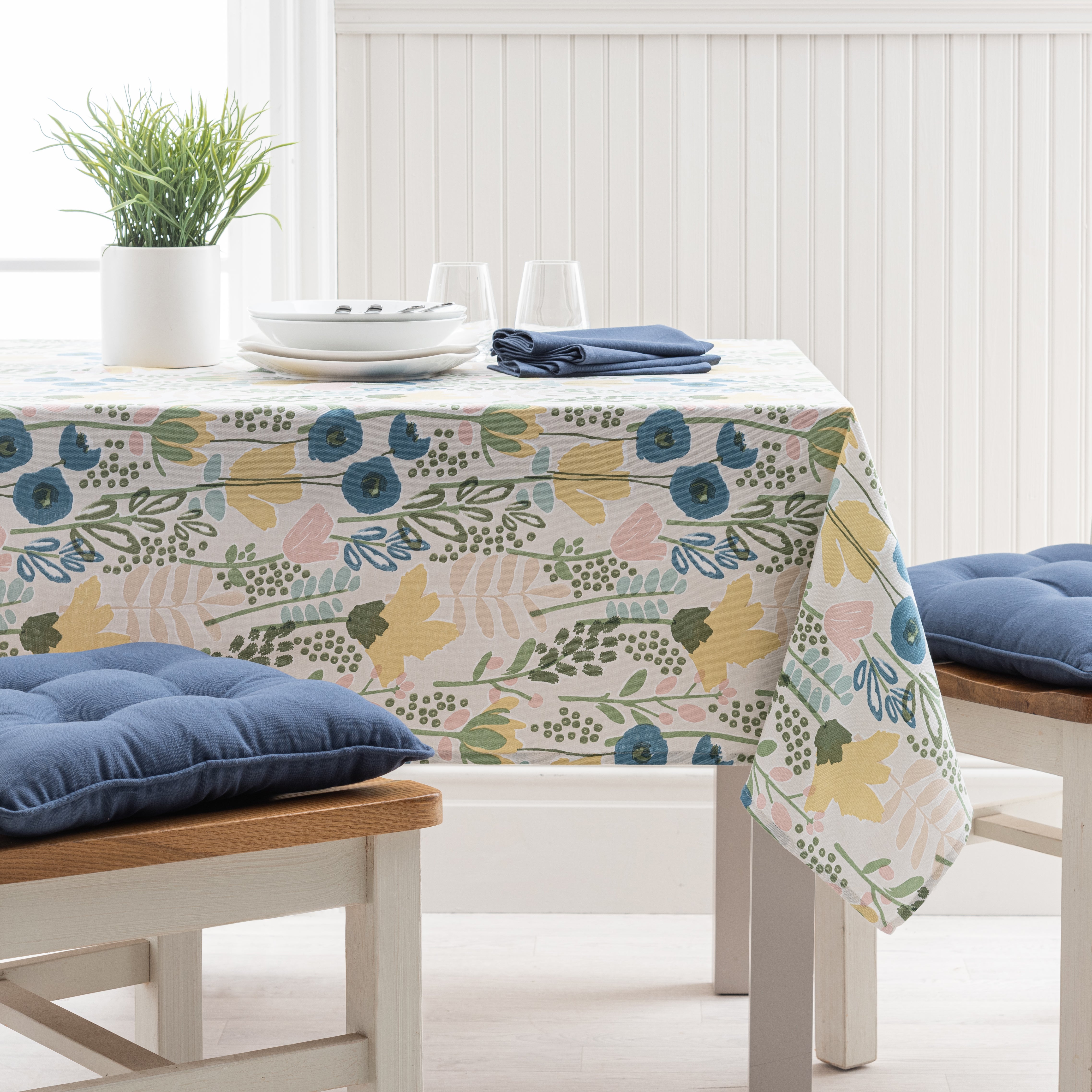 Image of Abstract Floral Wipe Clean Tablecloth White/Green/Yellow