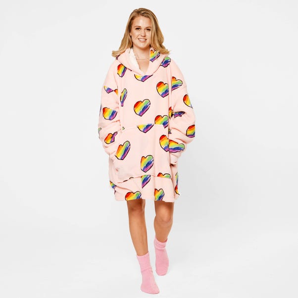 Dreamscene Rainbow Hearts Adult Oversized Blanket Hoodie Blush