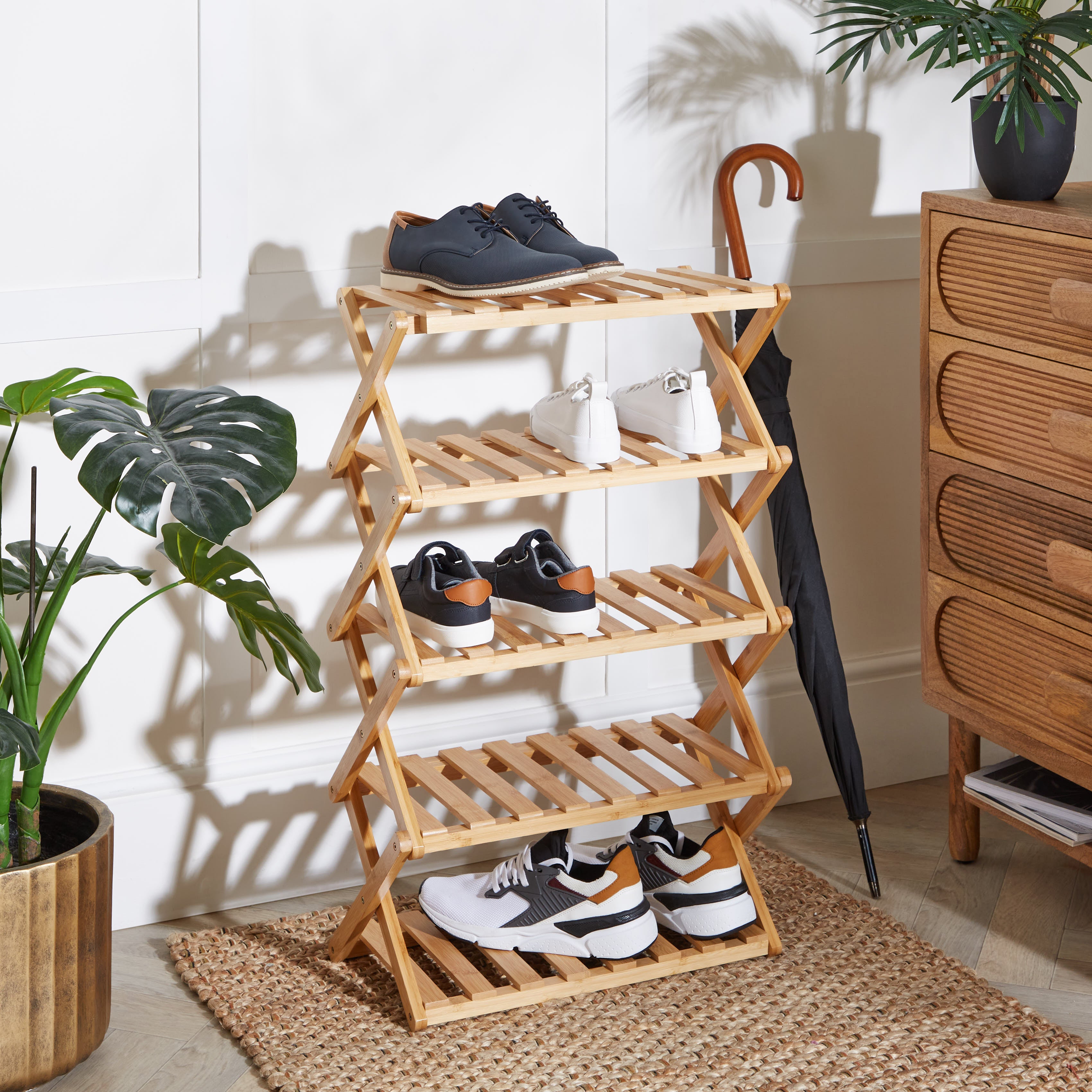Bamboo Foldable Shoe Rack, Free Standing Shoe Organizer Storage Rack