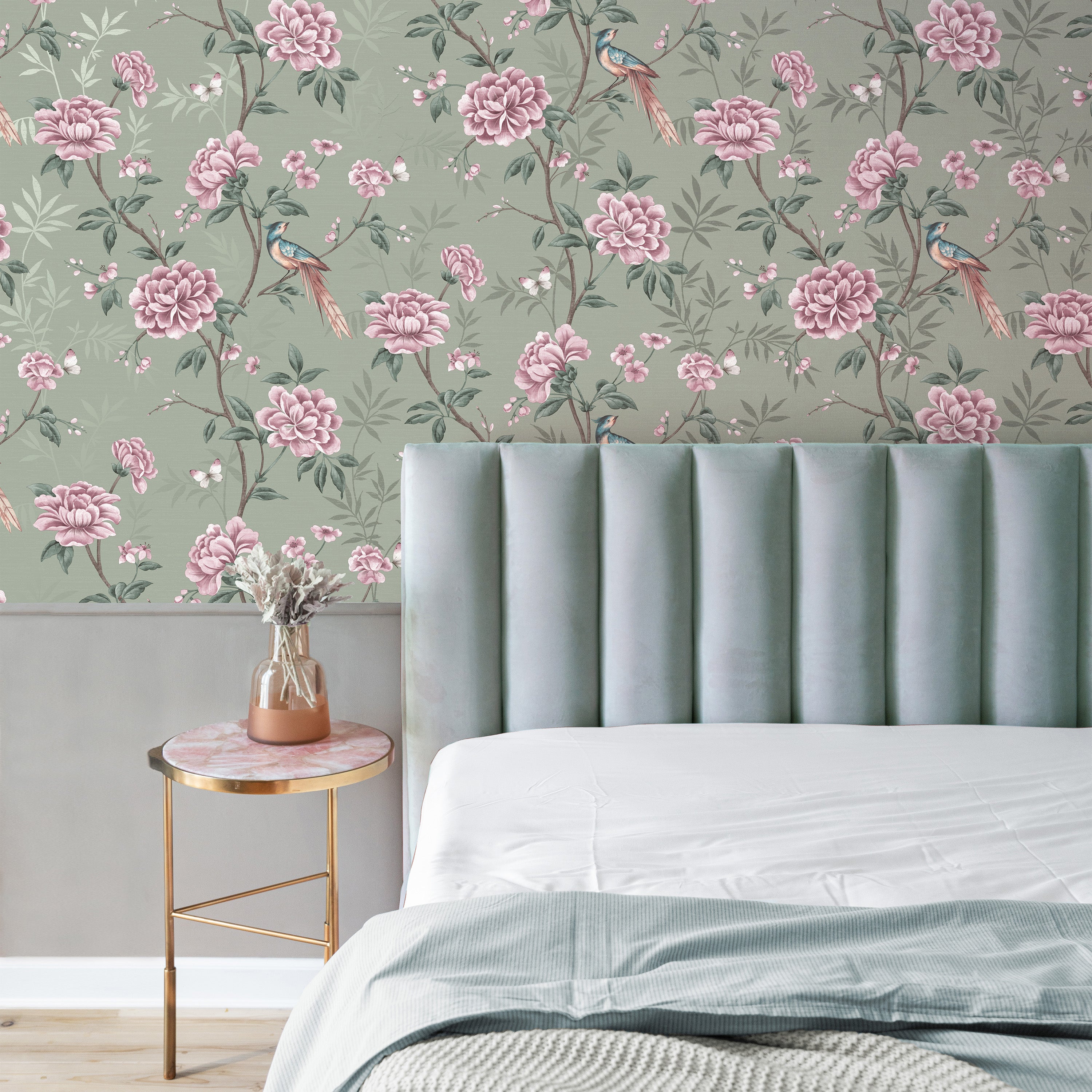 Akina Floral Sage Wallpaper Pinkgreen
