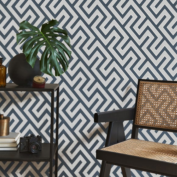 Larson Geometric Navy Silver Wallpaper Dunelm