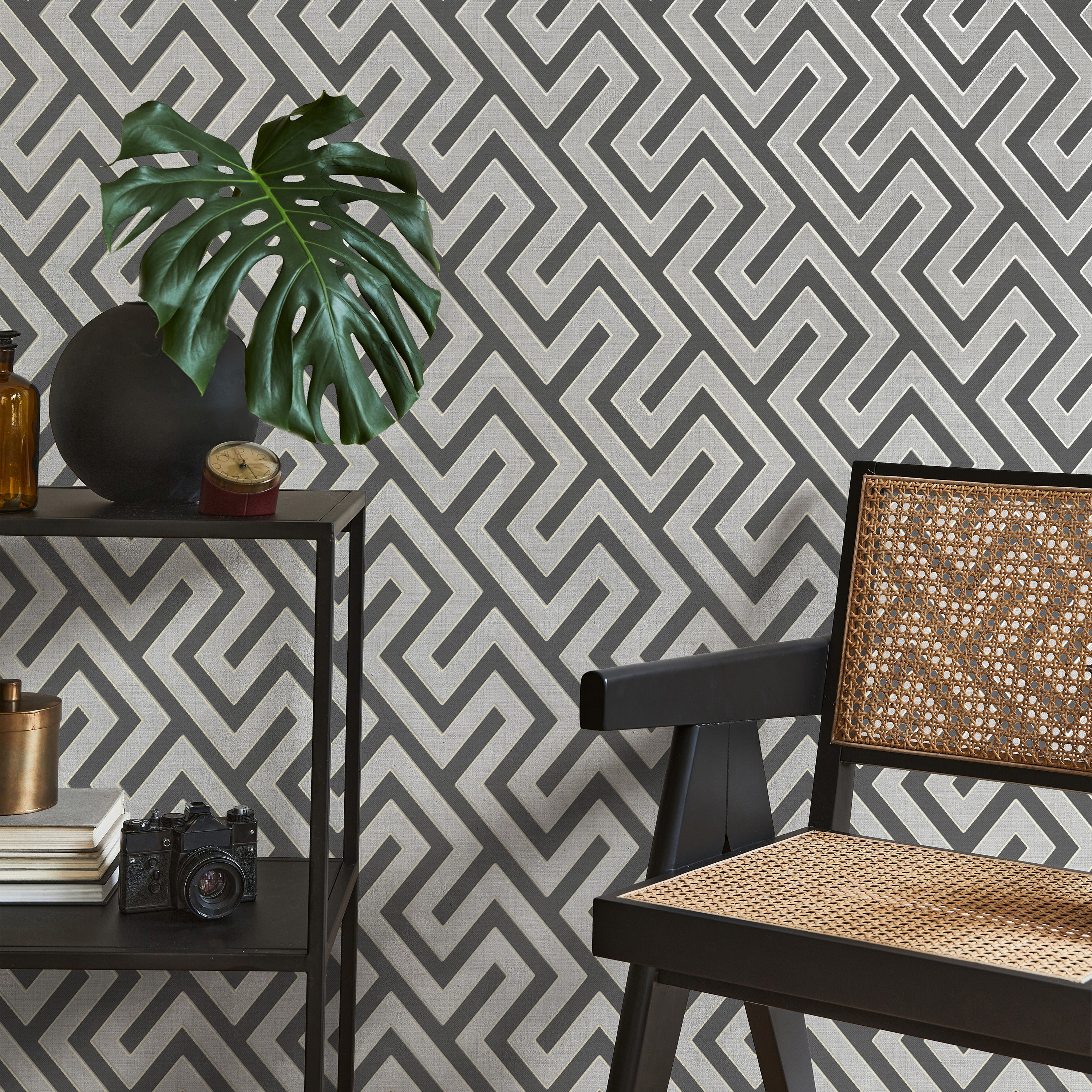 Larson Geometric Charcoal Gold Wallpaper Whitegrey