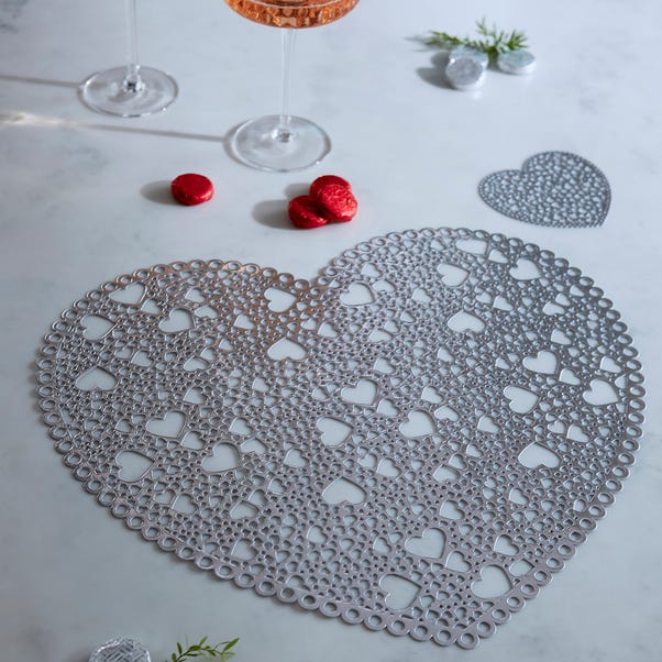 Set of 2 Silver PVC Die Cut Heart Placemats Silver