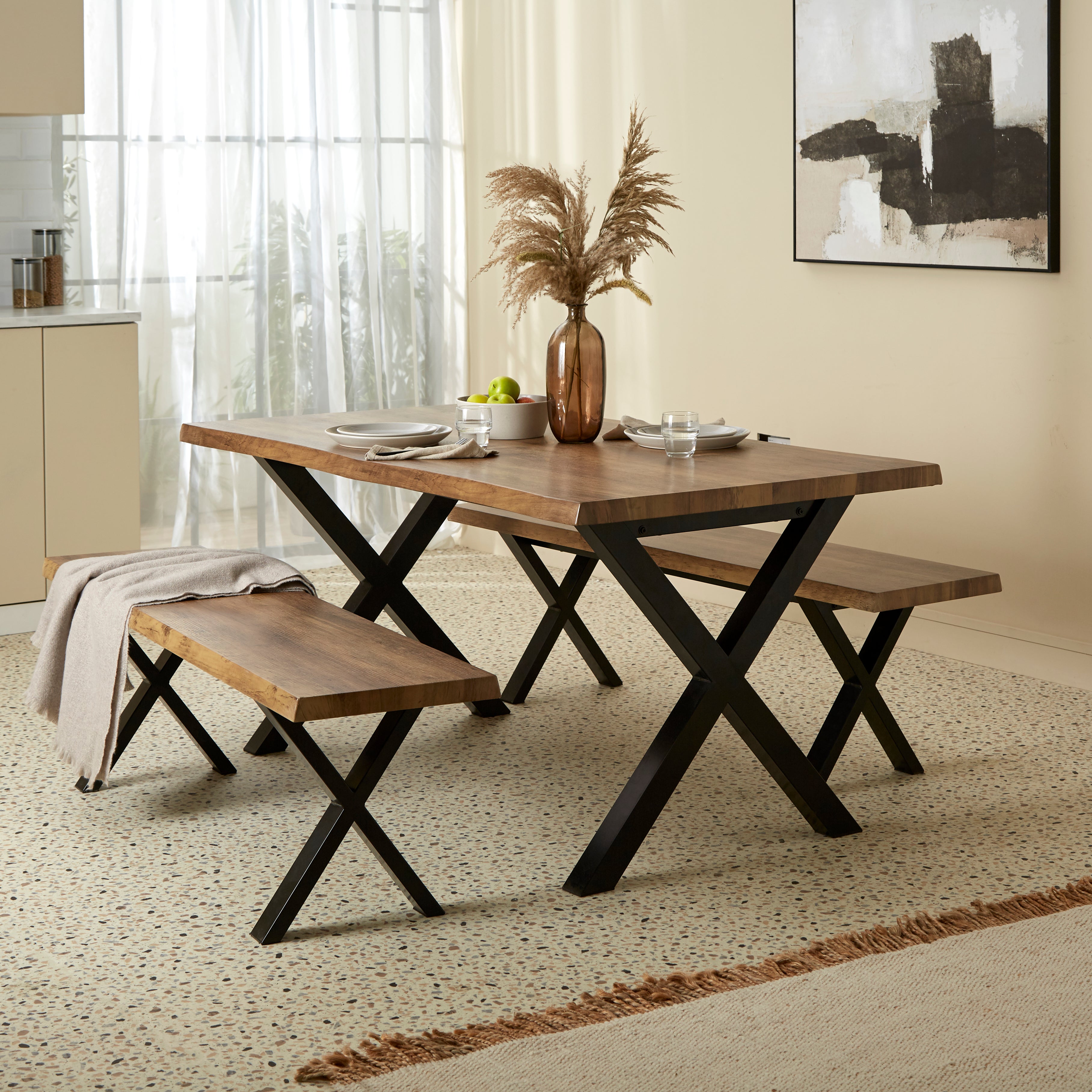 Ezra Rectangular Dining Table With 2 Benches Brown Oak