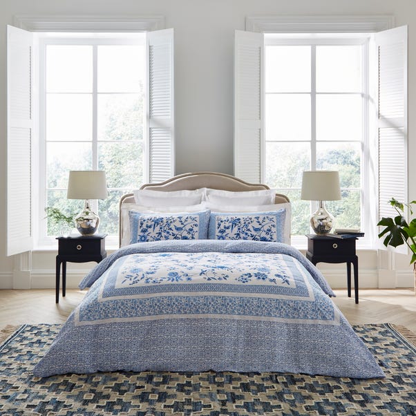 Dorma Azure Bird Embroidery Blue Cotton Sateen Duvet Cover and Pillowcase Set image 1 of 7
