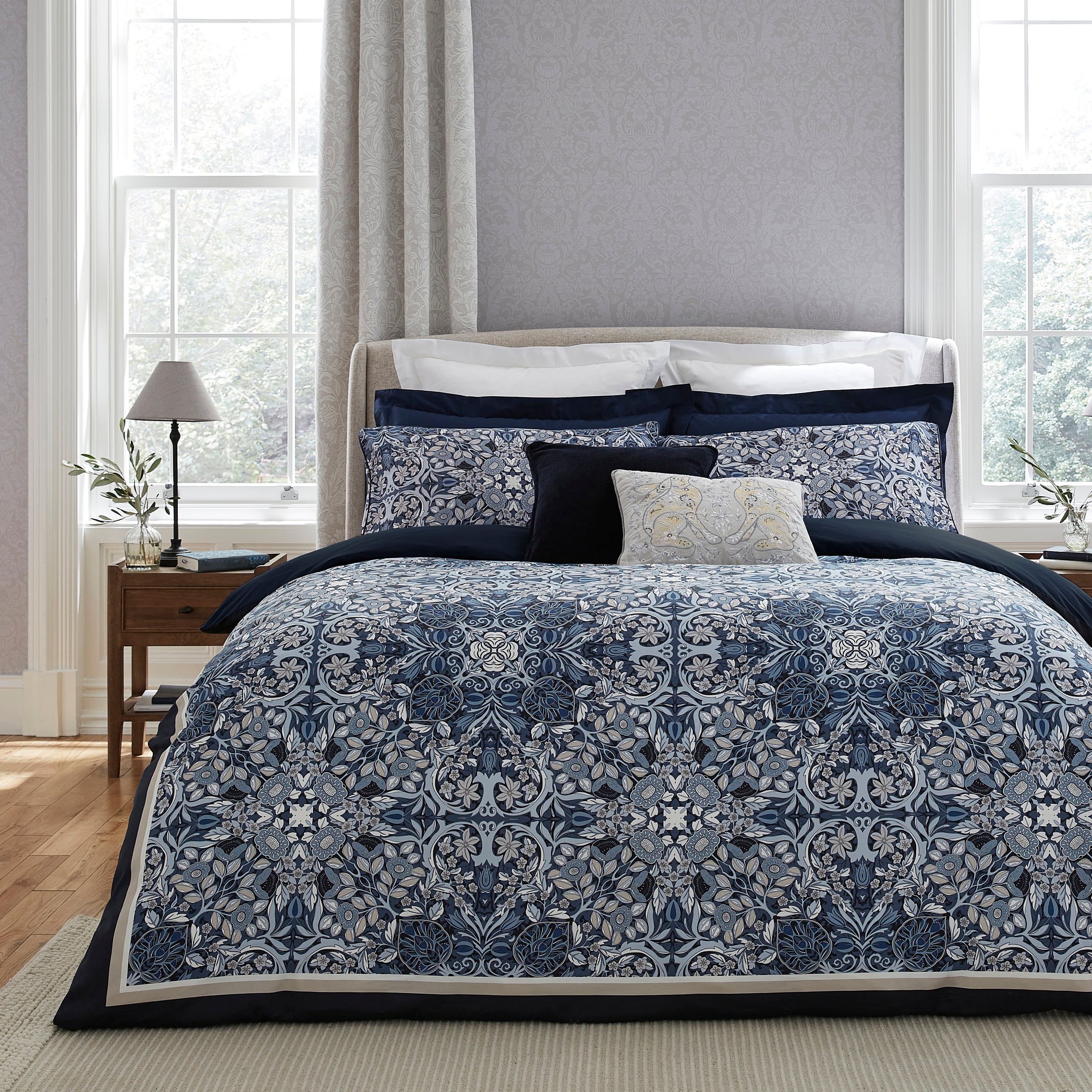 Dorma Kaleidoscope Navy Cotton Sateen Duvet Cover and Pillowcase Set Navy Blue/White