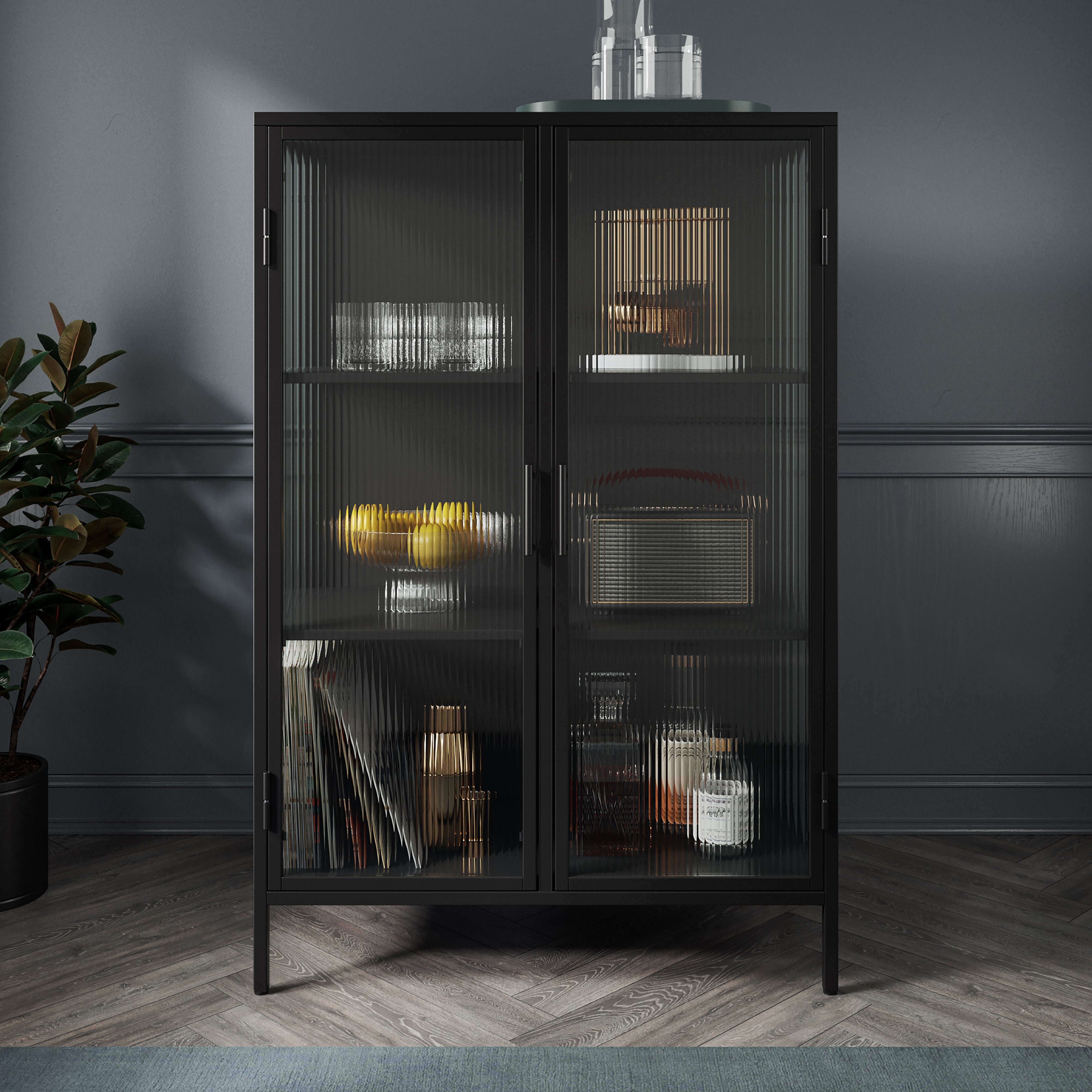 Stannis Tall Cabinet Black, Ribbed Glass
