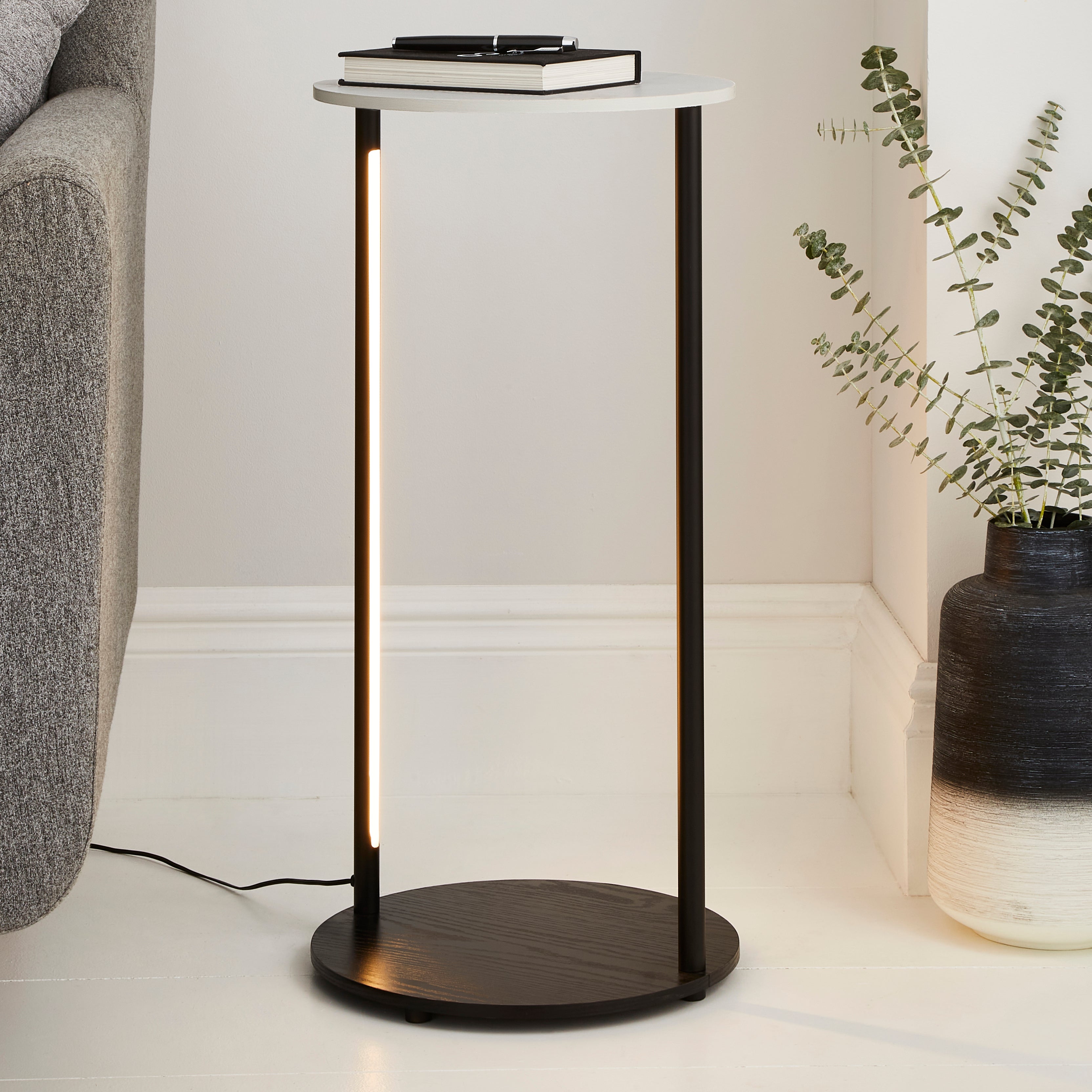 Aiko Side Table with 1 LED Light,  Black and Marble Effect