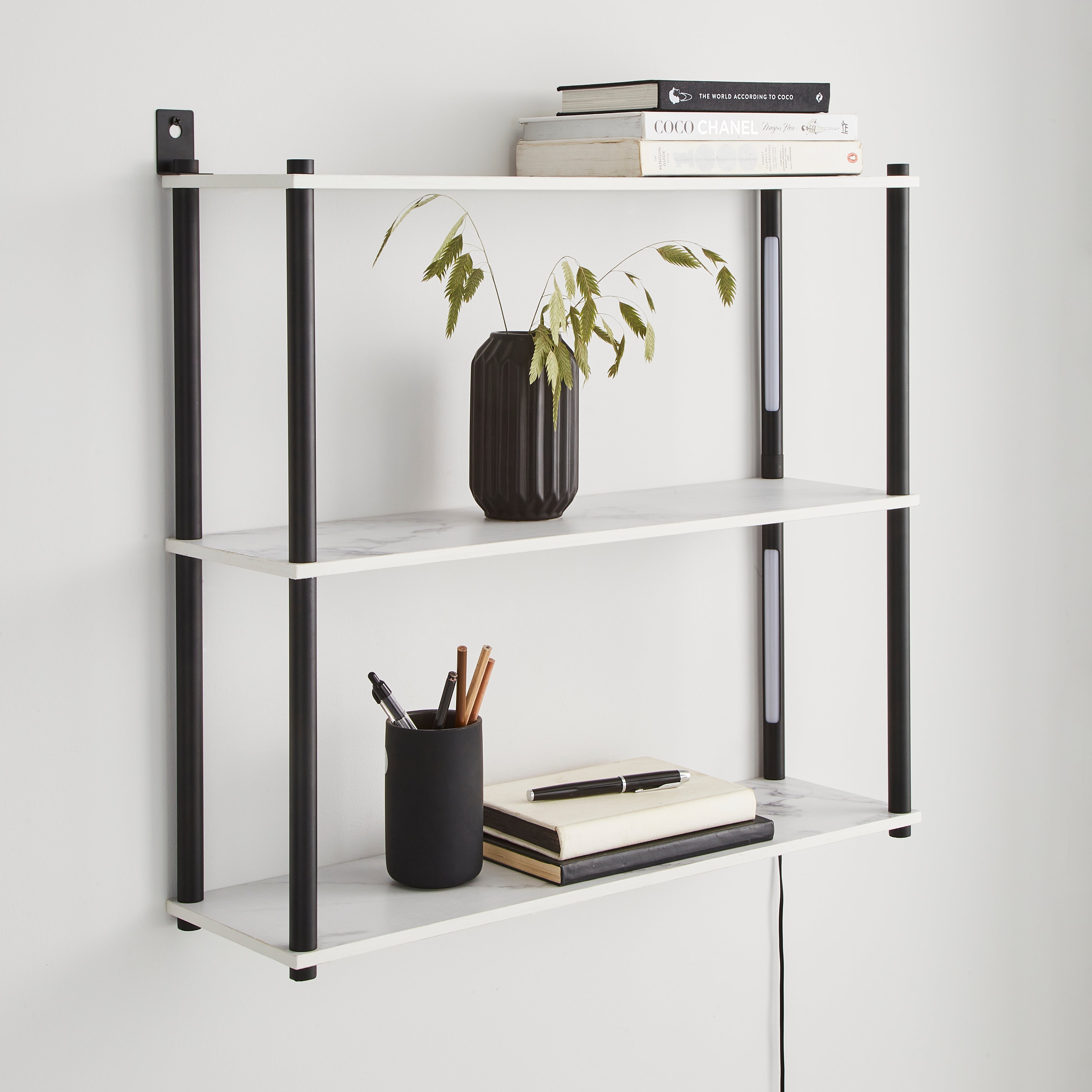 Aiko Wall Unit with LED Lights Black and Faux Marble | Dunelm