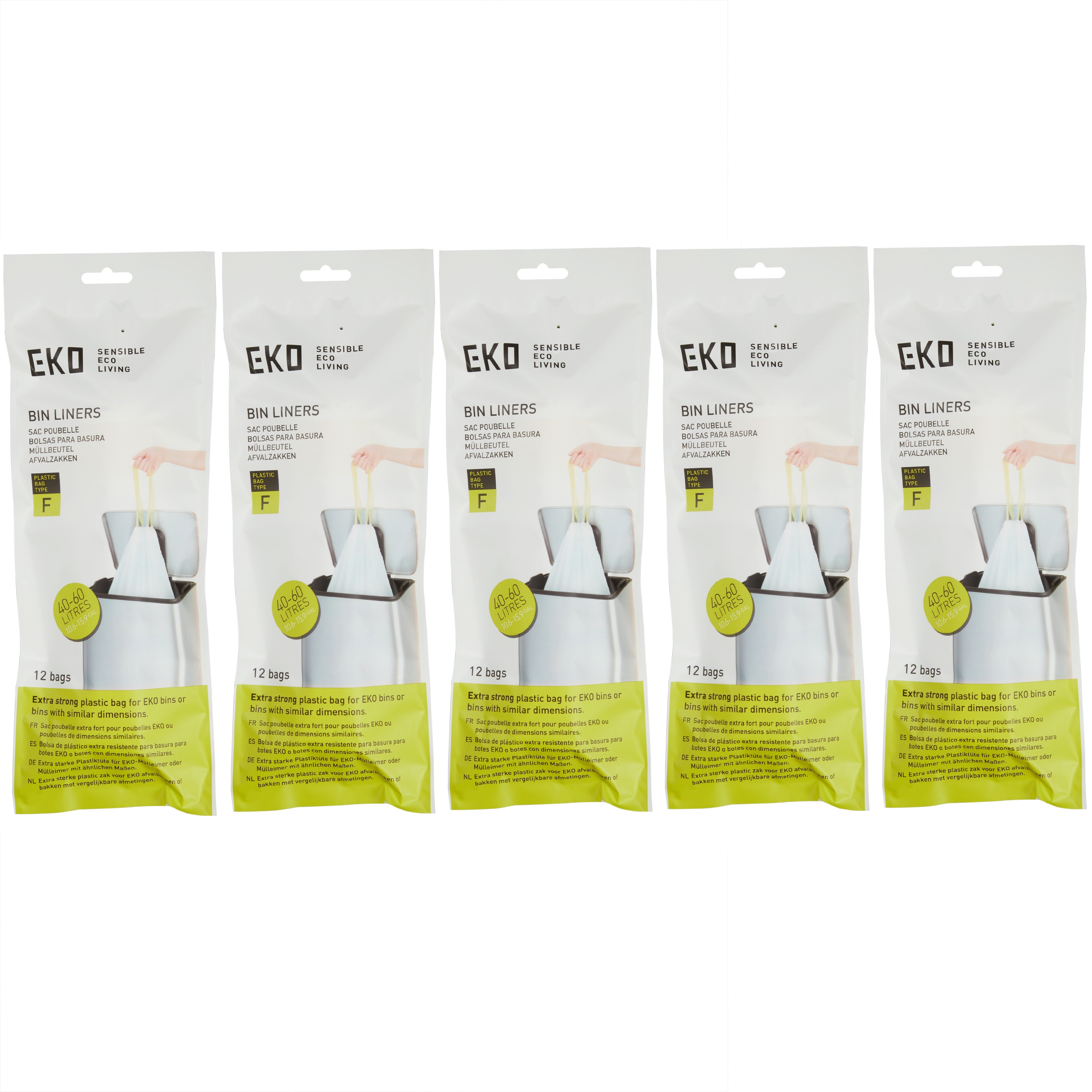  EKO Size F Bin Liners For Kitchen Bins - 40-60 Litre Capacity -  Extra Strong Bags with Drawstring Tie Handles - 12 Bags,White : Everything  Else