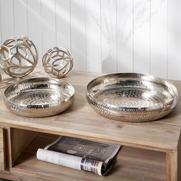 Set of 2 Silver Hammered Metal Bowls Silver