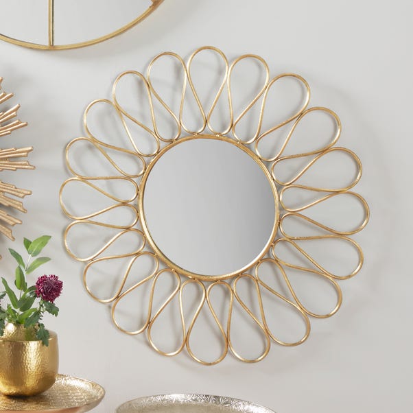 Petal Design Round Antique Gold Wall Mirror, 90cm Gold