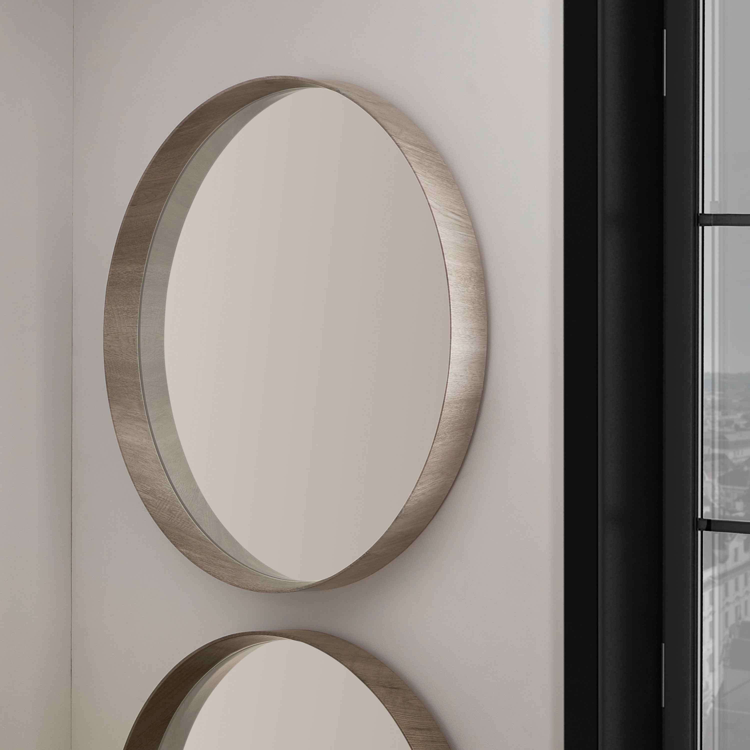 Round Wall Mirror Grey Oak 74cm Grey