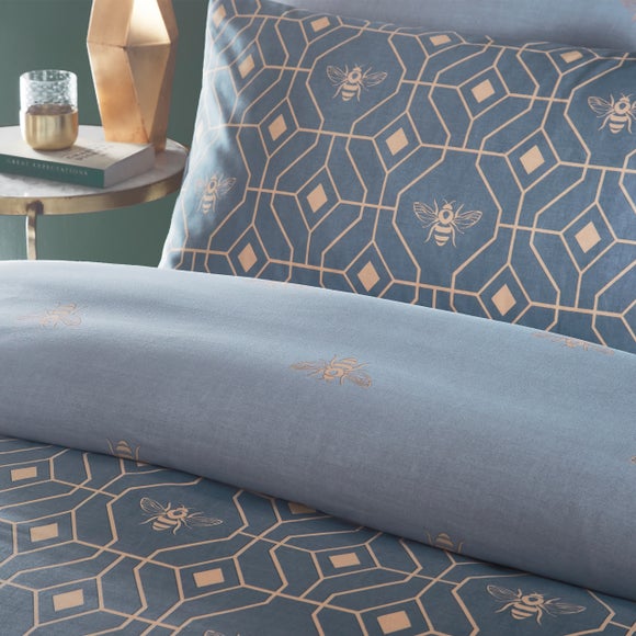 furn. Bee Deco Geometric Duvet Cover Set French - Blue - Double
