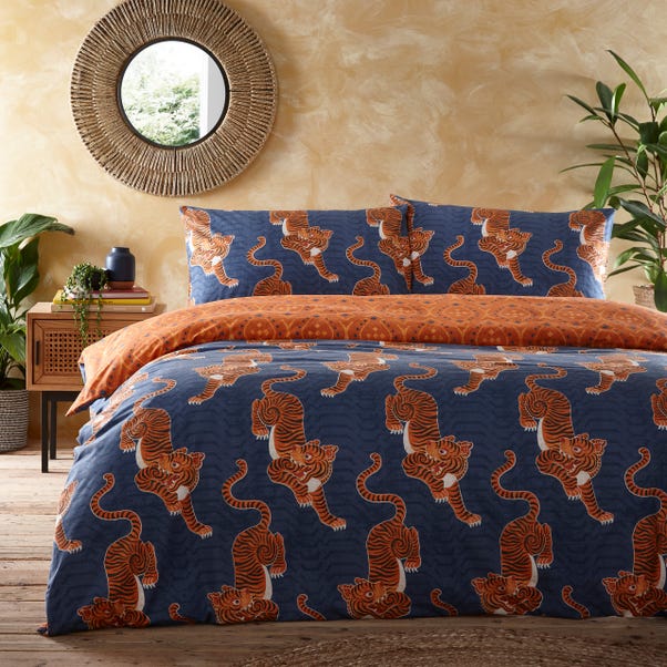 furn. Tibetan Tiger Blue Duvet Cover and Pillowcase Set image 1 of 5