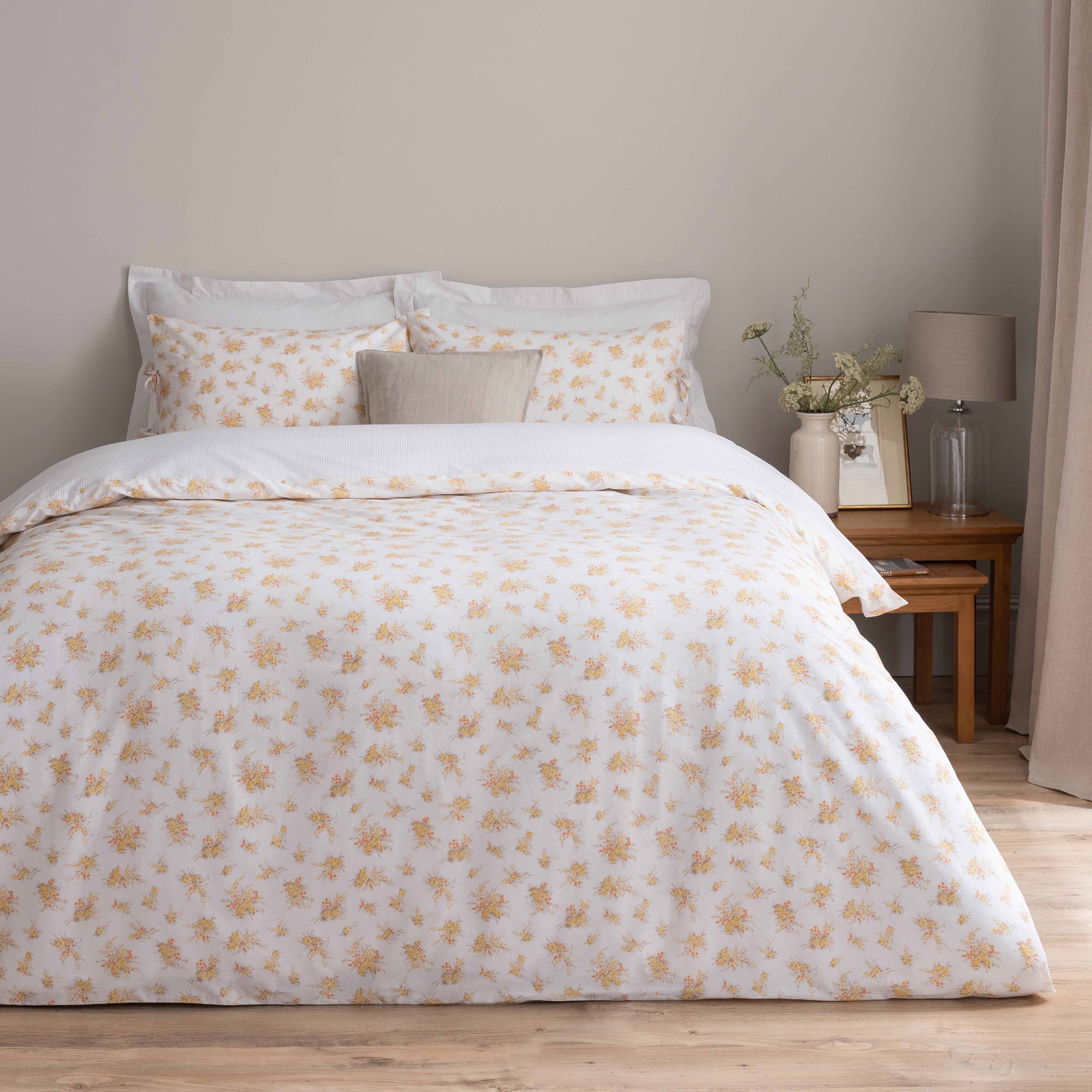 Heidi Floral Lemon Recycled Cotton Duvet Cover And Pillowcase Set Whiteyellow