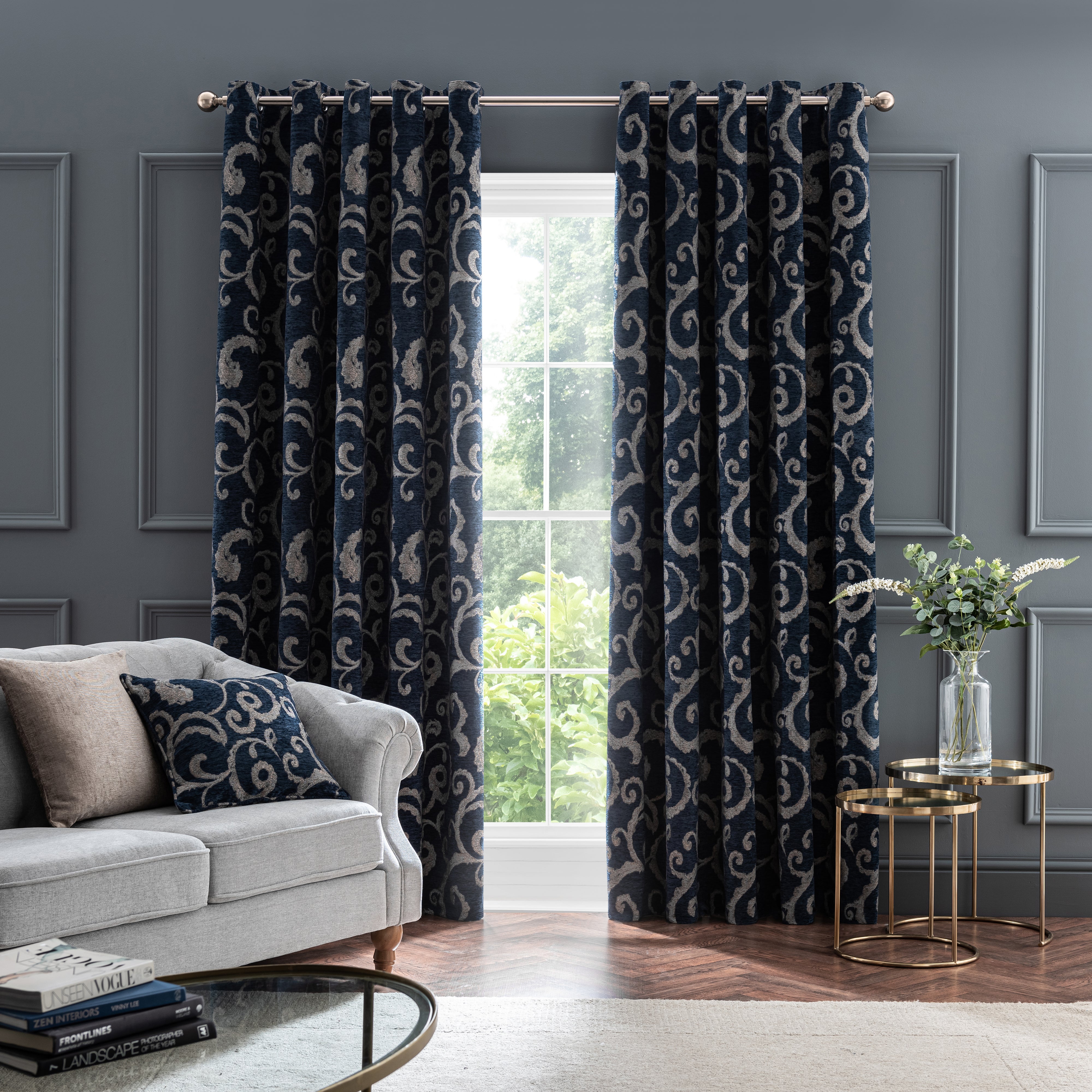 Chenille Scroll Navy Eyelet Curtains | Dunelm