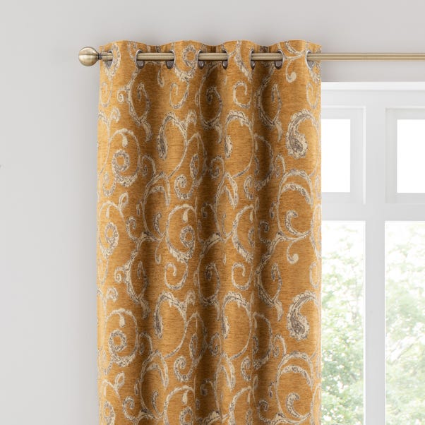 Chenille Scroll Ochre Eyelet Curtains image 1 of 8
