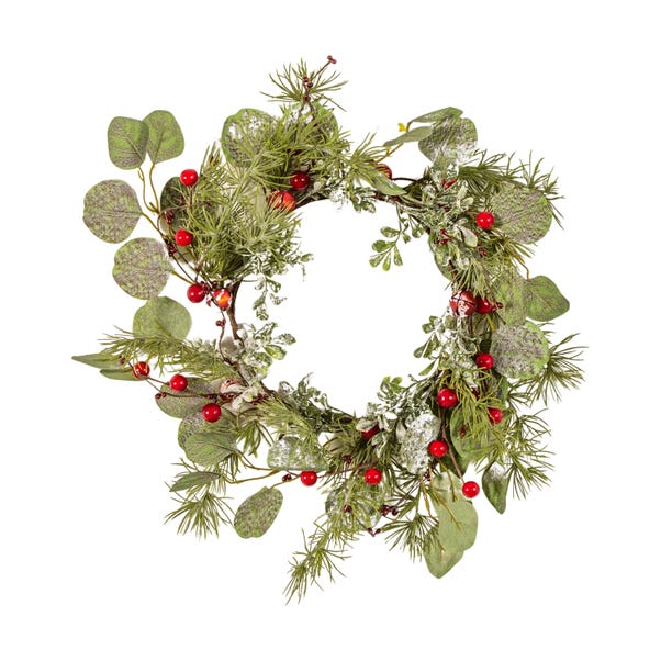 Winter Frosted Leaf and Red Berry Wreath Red