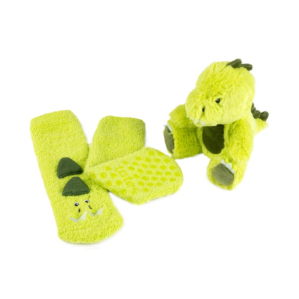 totes Dinosaur Kid's Plush Toy and Slipper Socks Set Green