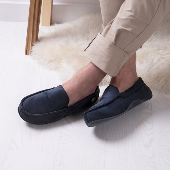 totes navy suede moccasin slippers