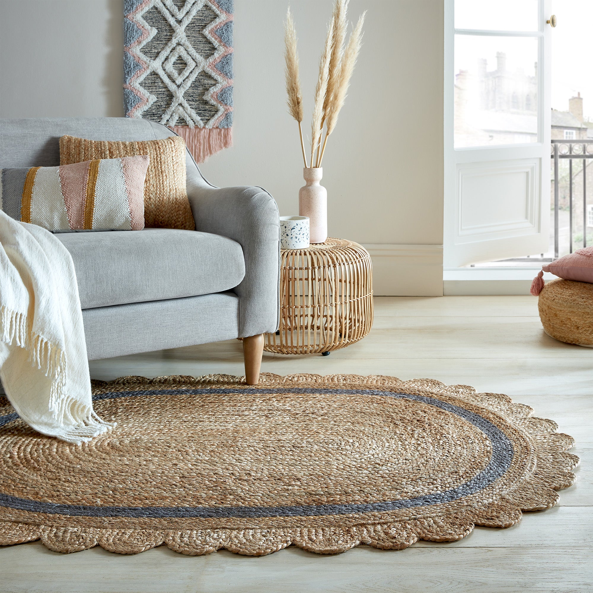 Oval Braided Jute Rug in Cream White, Grey, Black, Navy Blue Border, Oval  Jute Rug for Outdoor and Indoor, Scalloped Oval Jute Rug 