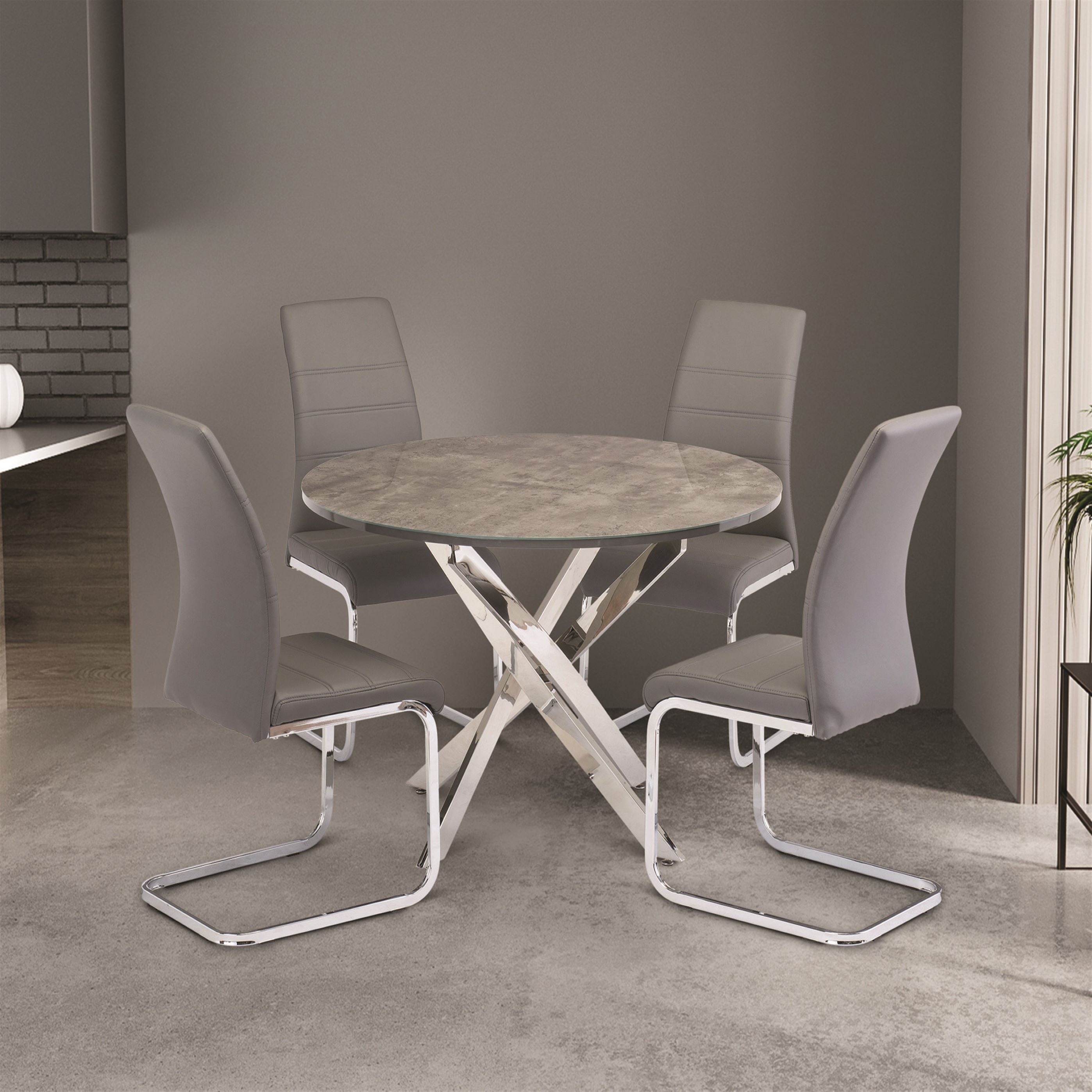 Paris 4 Seater Round Glass Top Dining Table Concrete Grey