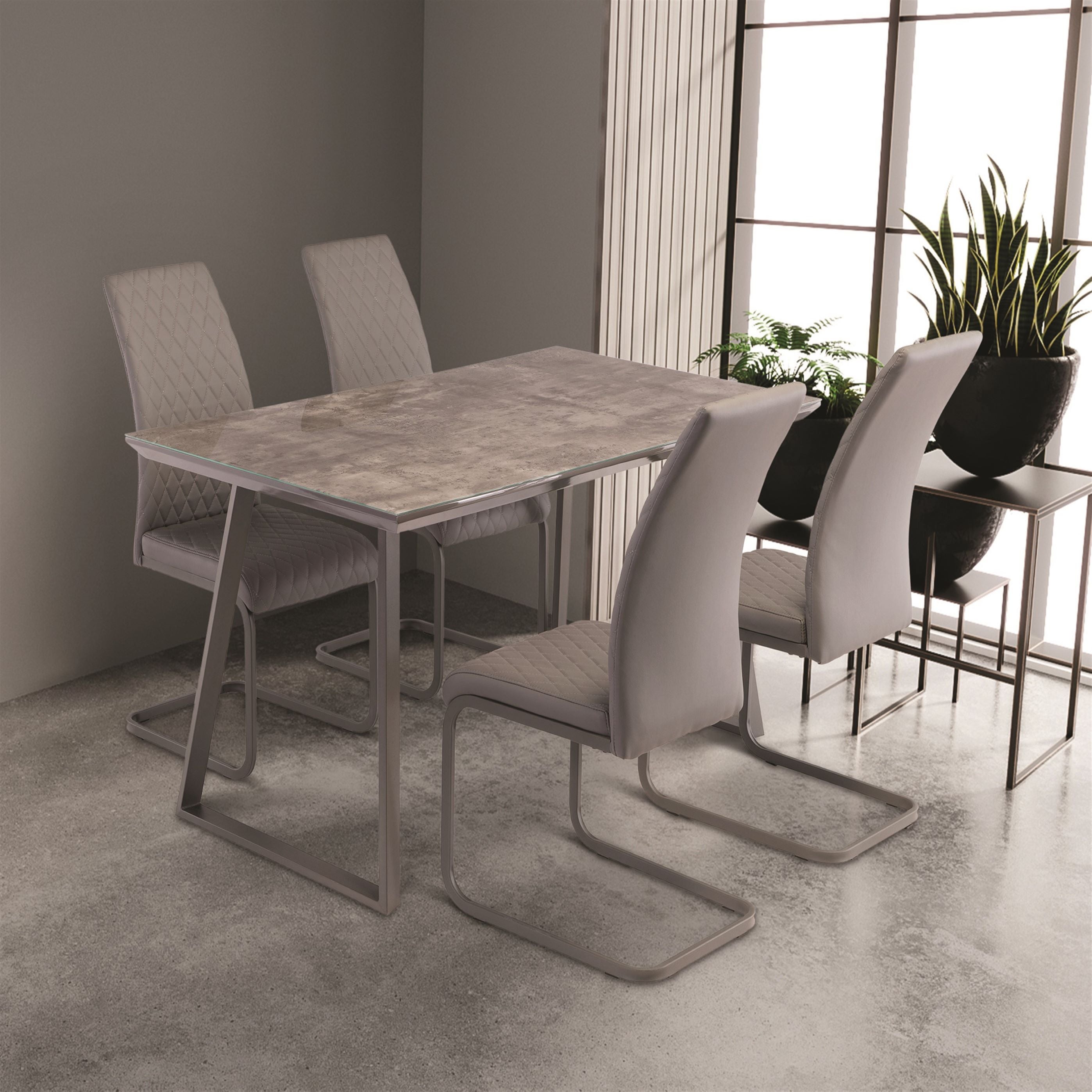 Paris 4 Seater Rectangular Glass Top Dining Table, Concrete Effect Grey
