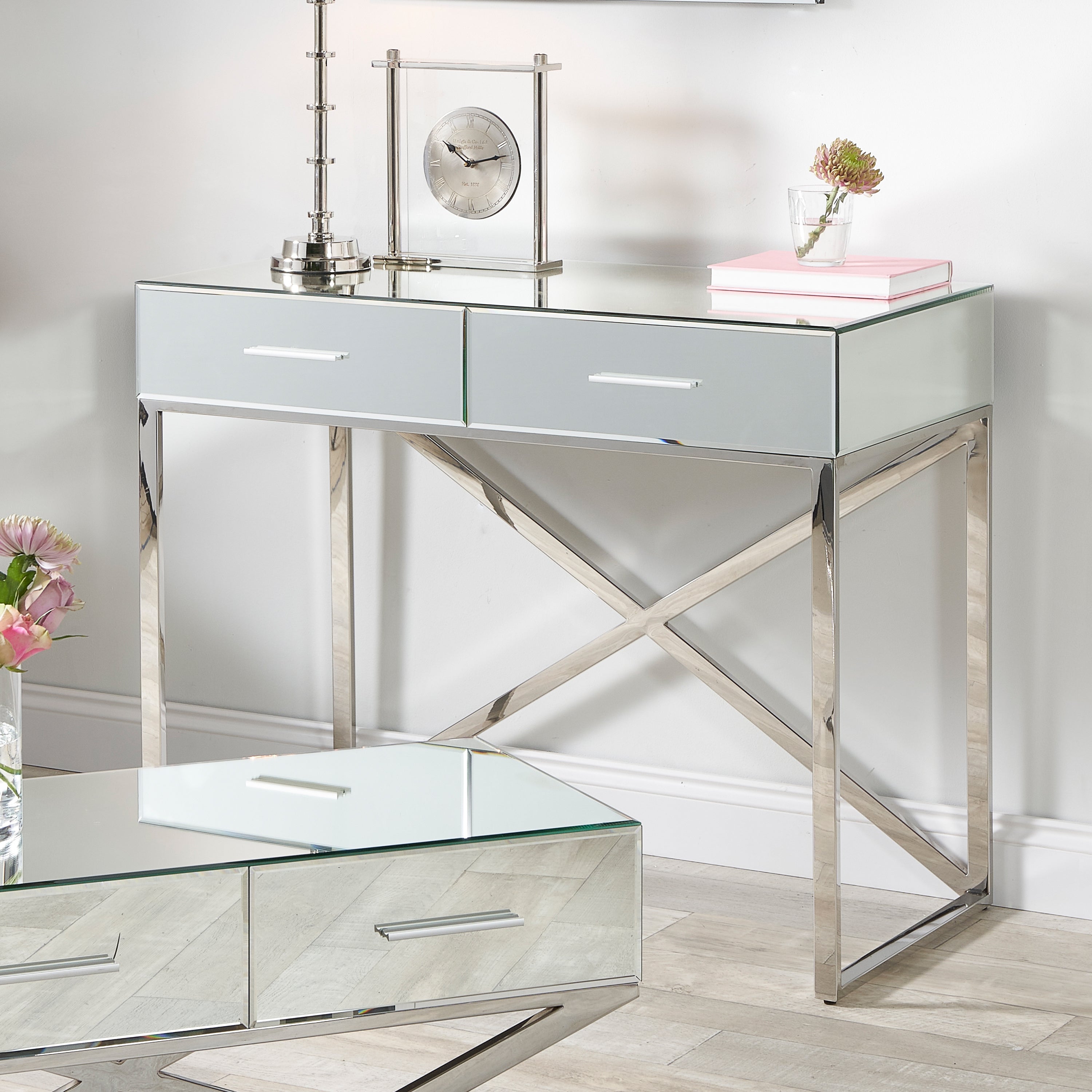 Pacific Rocco 2 Drawer Dressing Table Mirrored Silver