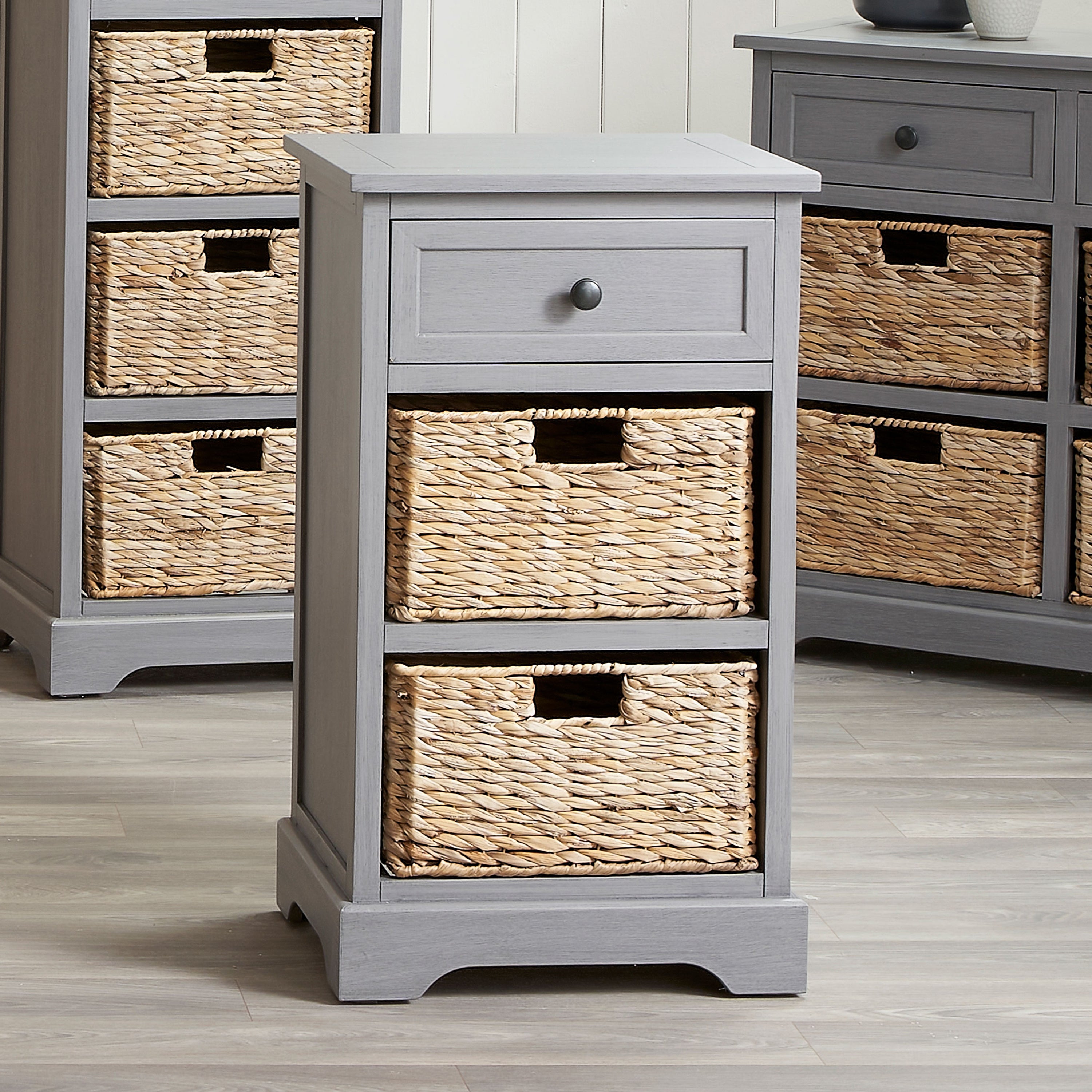 Pacific Devonshire 3 Drawer Slim Bedside Table, Grey Painted Pine Grey