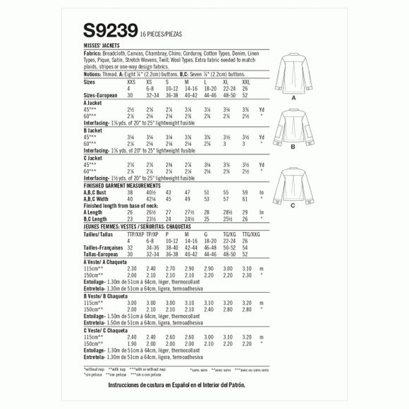 Simplicity S9239 Misses Jackets Sewing Pattern Dunelm