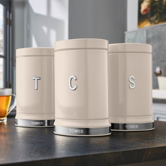 unusual tea coffee sugar jars stainless steel with chrome embossed lettering