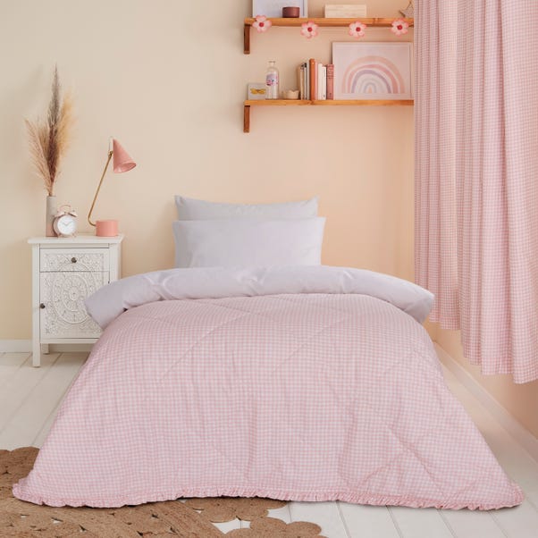 Peach Pink Gingham Ruffle 100% Cotton Bedspread image 1 of 2