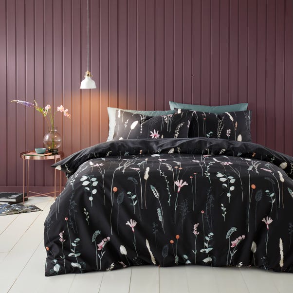 Dried Flowers Black Reversible Duvet Cover and Pillowcase Set image 1 of 5