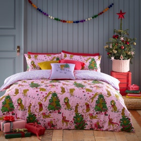 furn. Purrfect Christmas Pink & Lilac Duvet Cover and Pillowcase Set